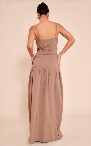 Chocolate Stretch Woven Strappy Ruched Maxi Dress
