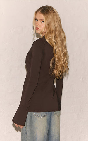 Chocolate Bengaline Cinched Waist Detail Long Sleeve Shirt