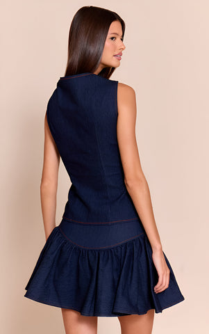 Indigo Blue Chambray Denim Pleated Mini Skirt