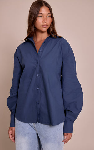 Navy Cotton Multi Button Cinched Shirt